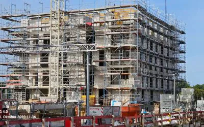 KfW40+ Bauvorhaben Steimker Gärten, Wolfsburg Baustellenbild mit Baugerüst vom KfW40+ Bauvorhaben Steimker Gärten, Wolfsburg